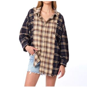 UNITED LOVERS Dove Oversized Plaid Shirt in Navy & Brown - Vintage Wash - M/L